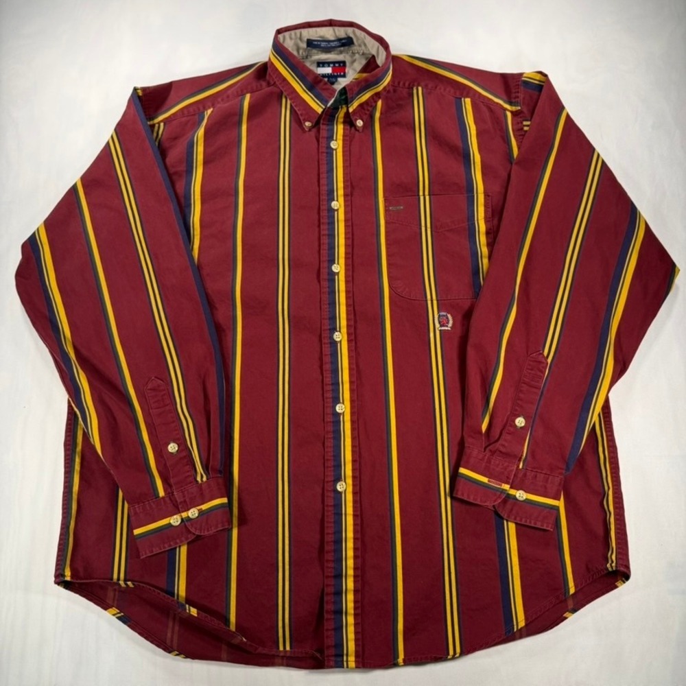 Vintage 90s Crest Tommy Hilfiger Button Down Shirt Mens L Burgundy Yellow Stripe